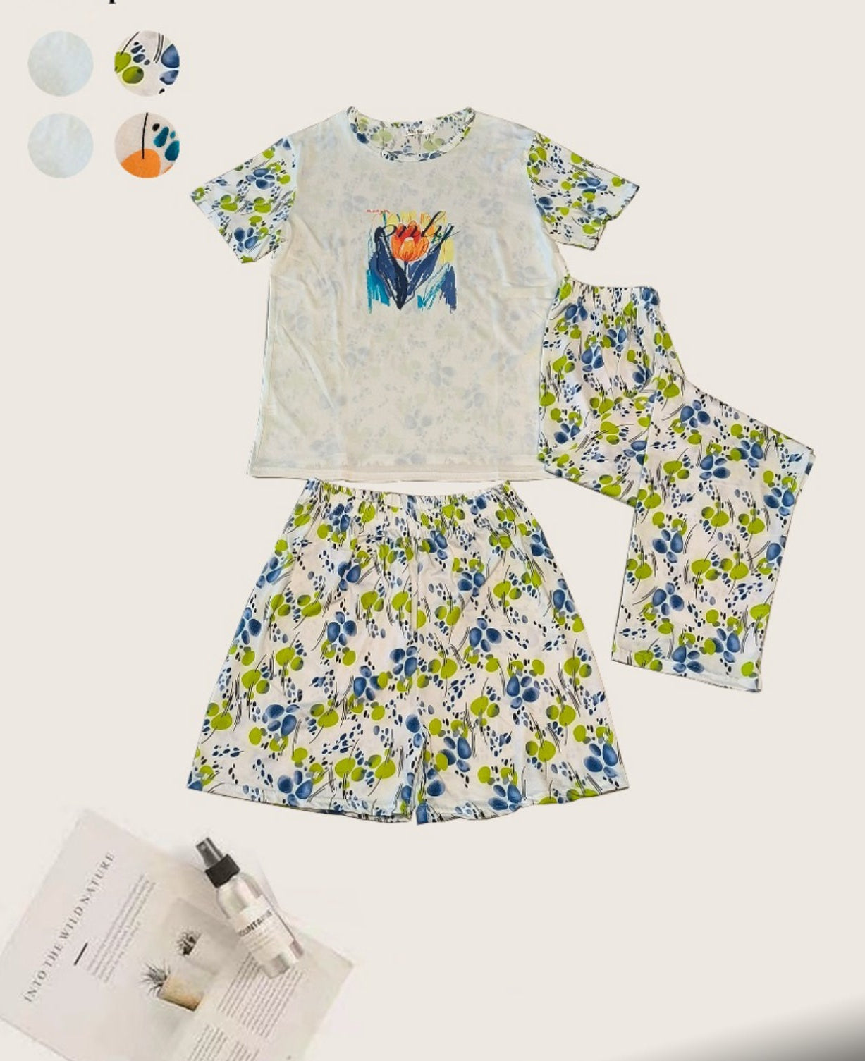 3-Piece Floral Cotton Nightwear Set – T-Shirt, Pyjama & Shorts | Comfortable Women's Clothing UAE | House of Shreenaa