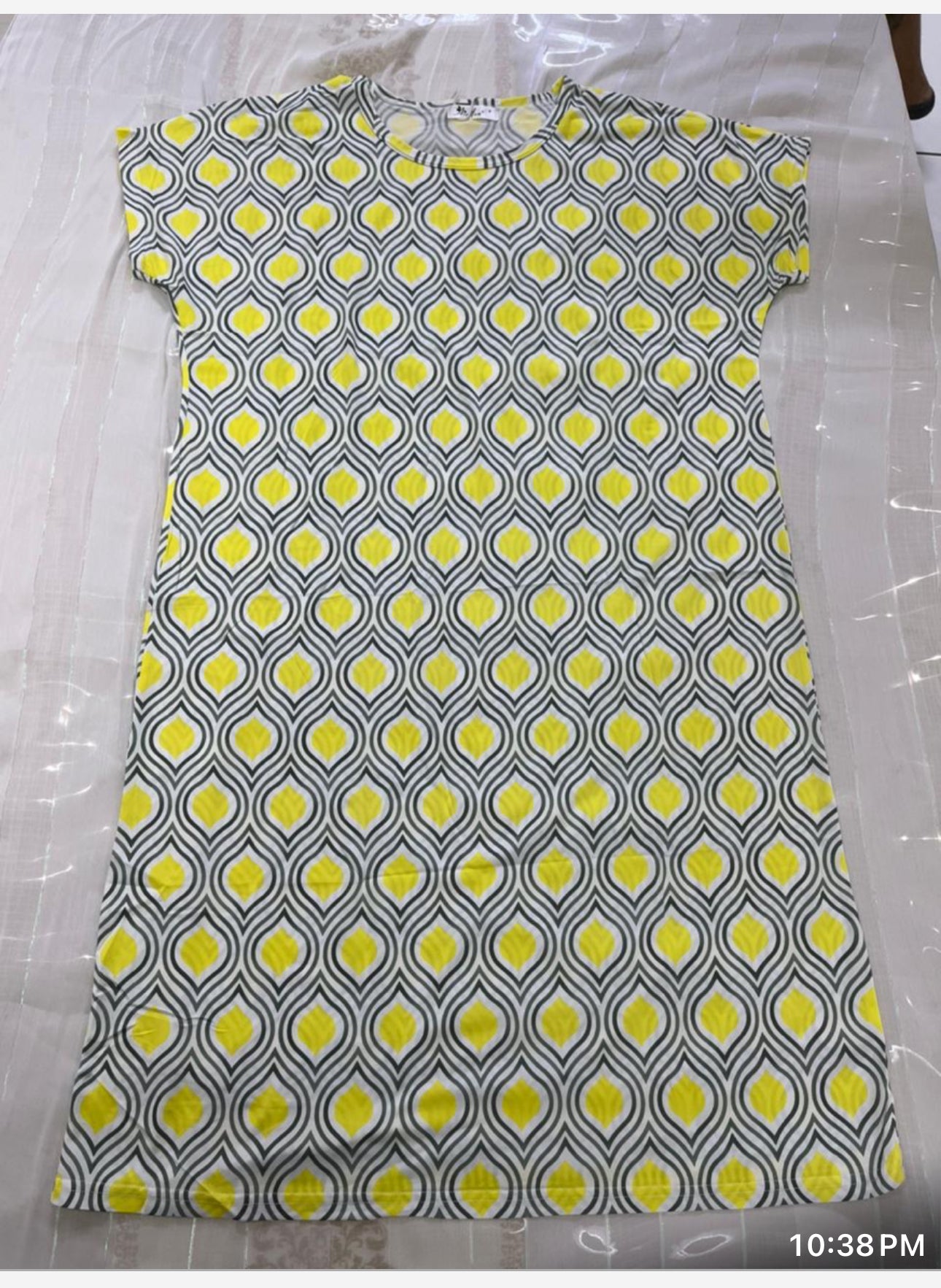 Women’s Cotton One-Piece Sleep Shirt – Yellow & Grey Geometric Print Nightwear