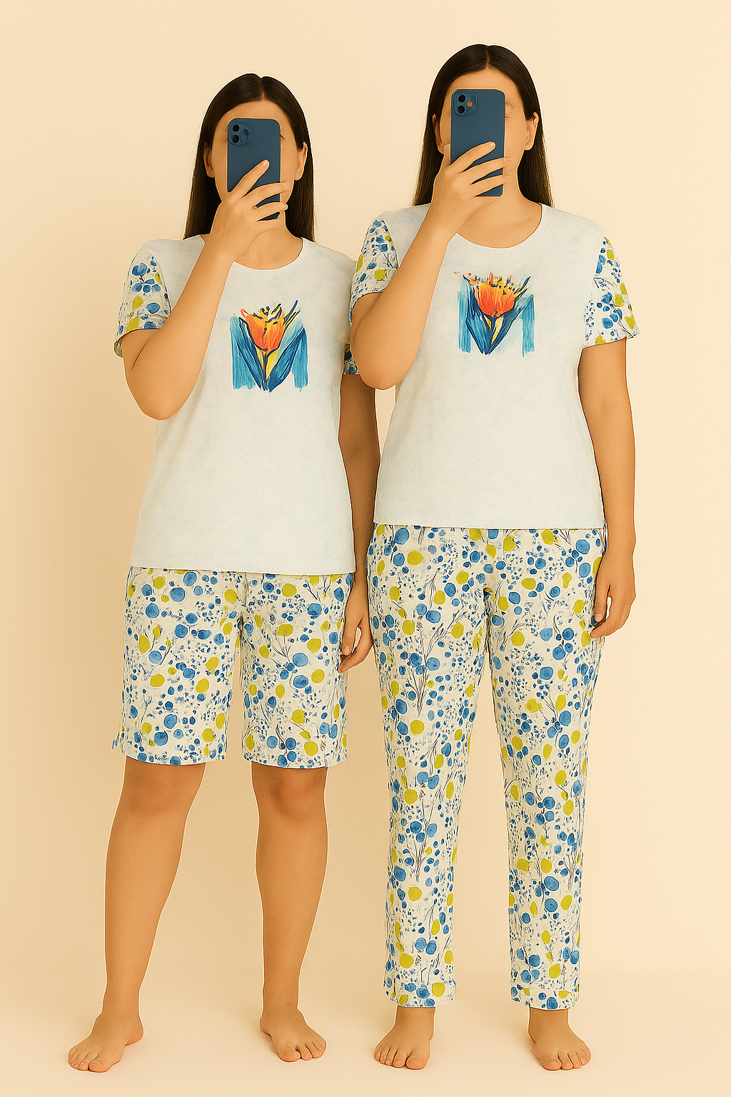 3-Piece Floral Cotton Nightwear Set – T-Shirt, Pyjama & Shorts