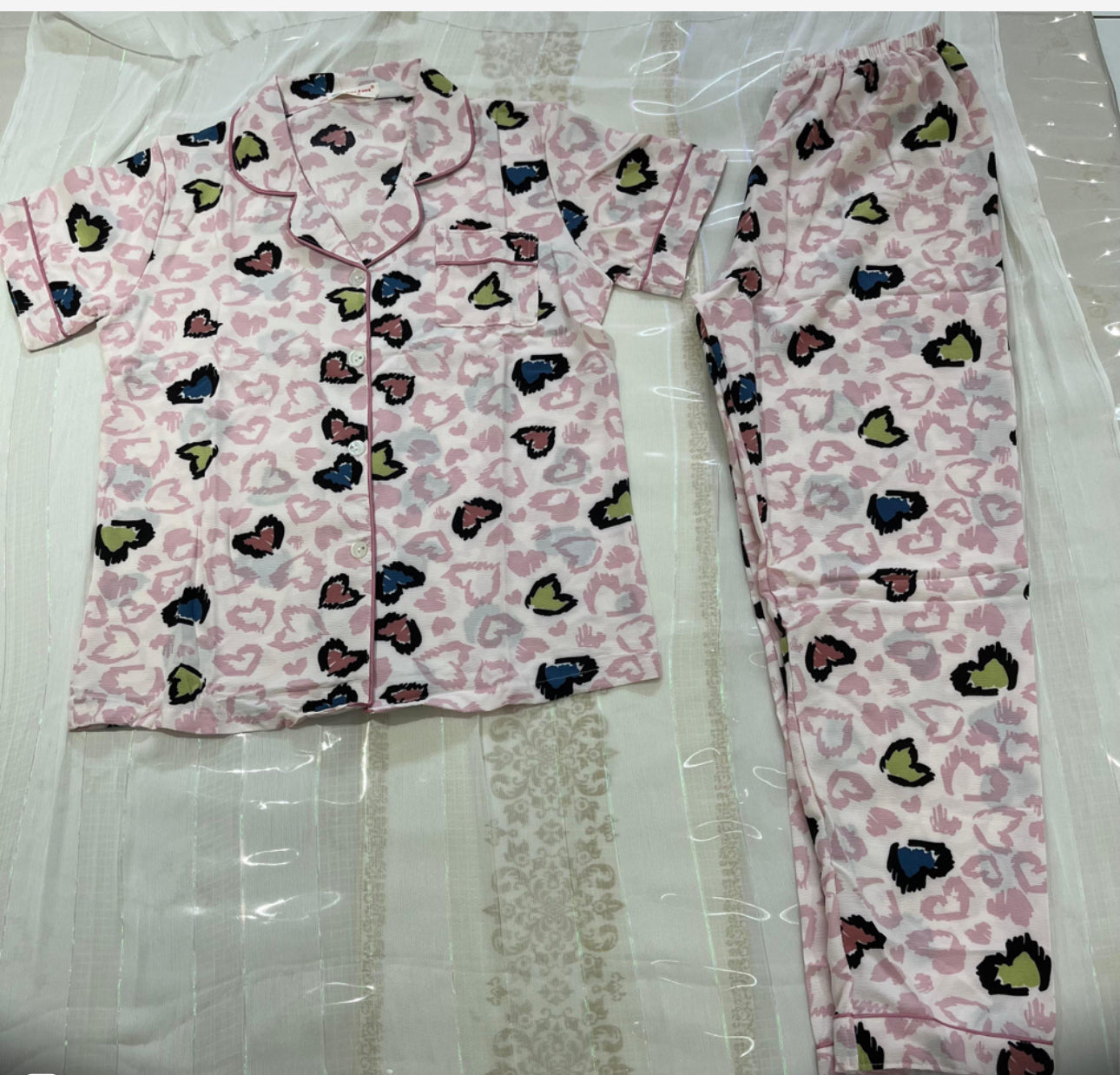 Soft Pink Heart-Print Co-ord Pyjama Set for Women – Short Sleeve Top & Full-Length Bottom
