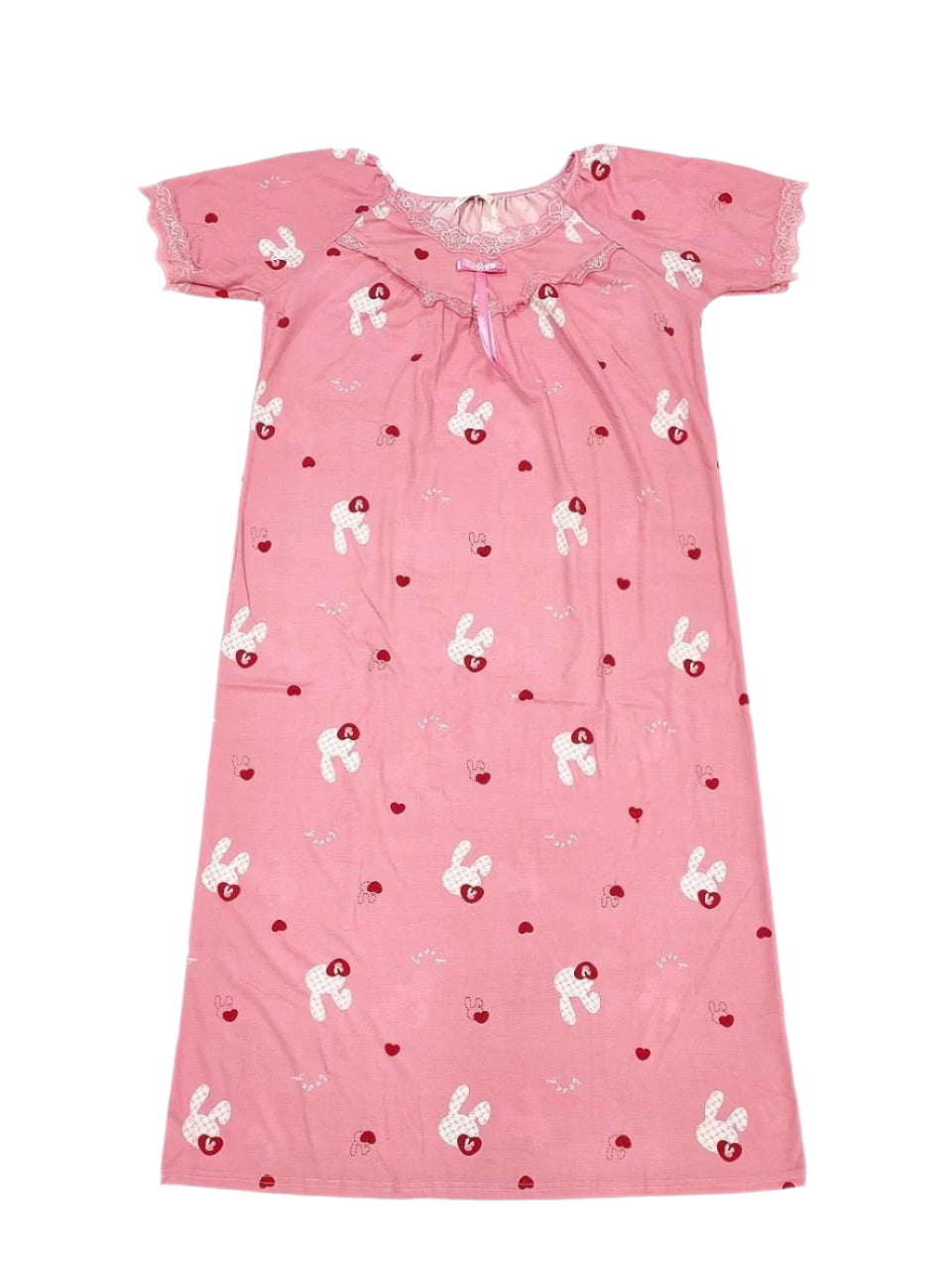 Pink Cotton Full-Length Nightgown with Lace Neckline – Soft & Comfortable Sleepwear