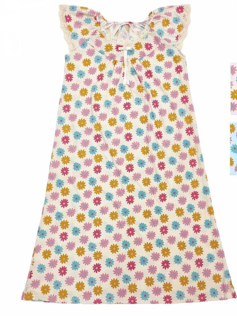 Floral Beige Soft Night Gown with Cap Sleeves & Full Length for Women | Comfortable Women's Clothing UAE | House of Shreenaa