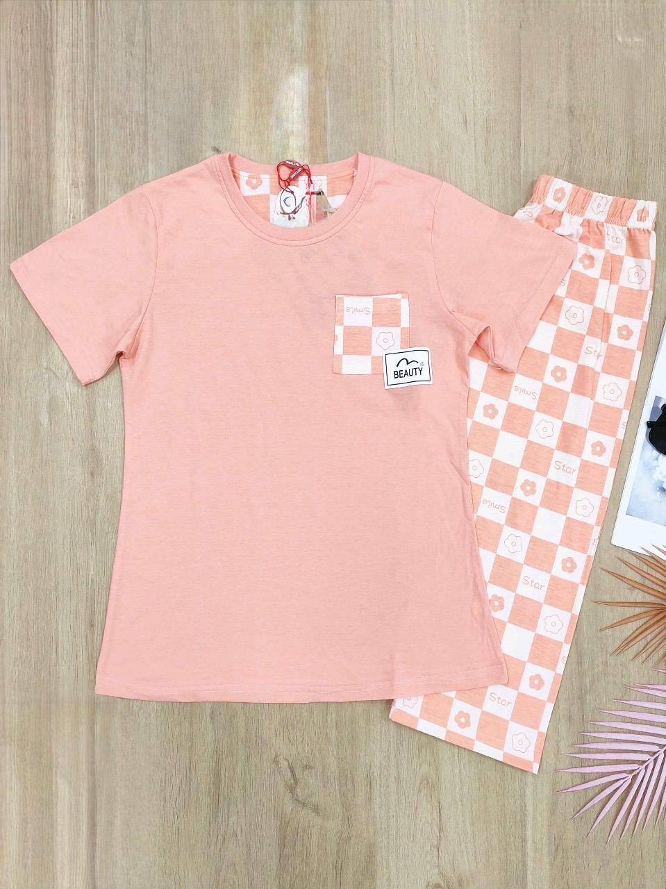 Peach Checkered Capri Nightwear Set – 2-Piece Cotton Loungewear | Comfortable Women's Clothing UAE | House of Shreenaa