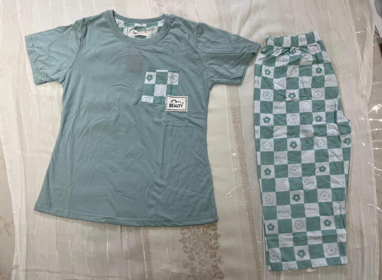 Sage Green Checkered Capri Nightwear Set – 2-Piece Cotton Loungewear - House of Shreenaa