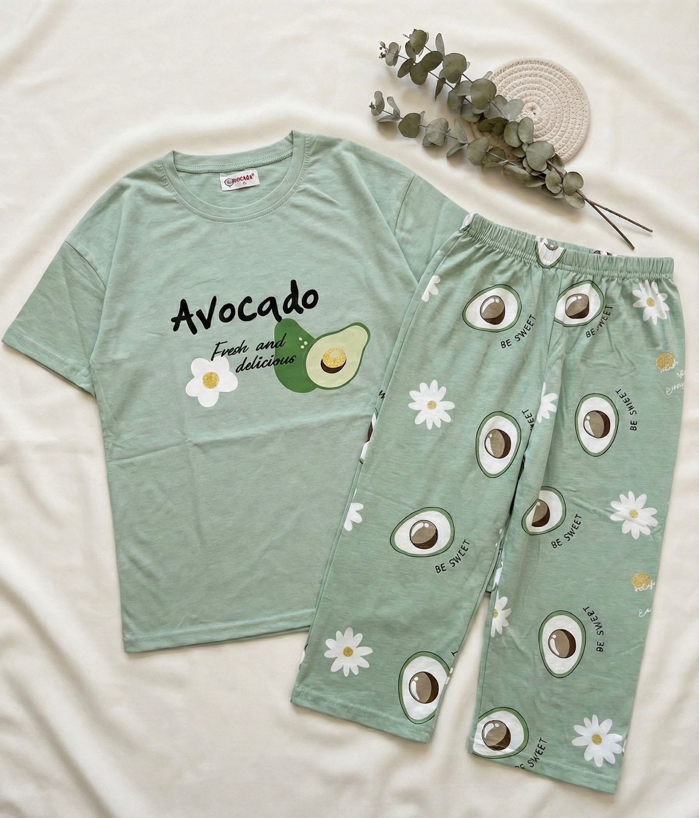 Avocado Print Cropped Pant Set - Sage Green Capri Nightwear for Women | Comfortable Women's Clothing UAE | House of Shreenaa