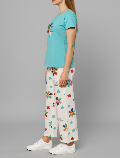 blue , Sunshine Bloom Pyjama Set – Uplifting Floral Comfort for Everyday Lounging for Women 
