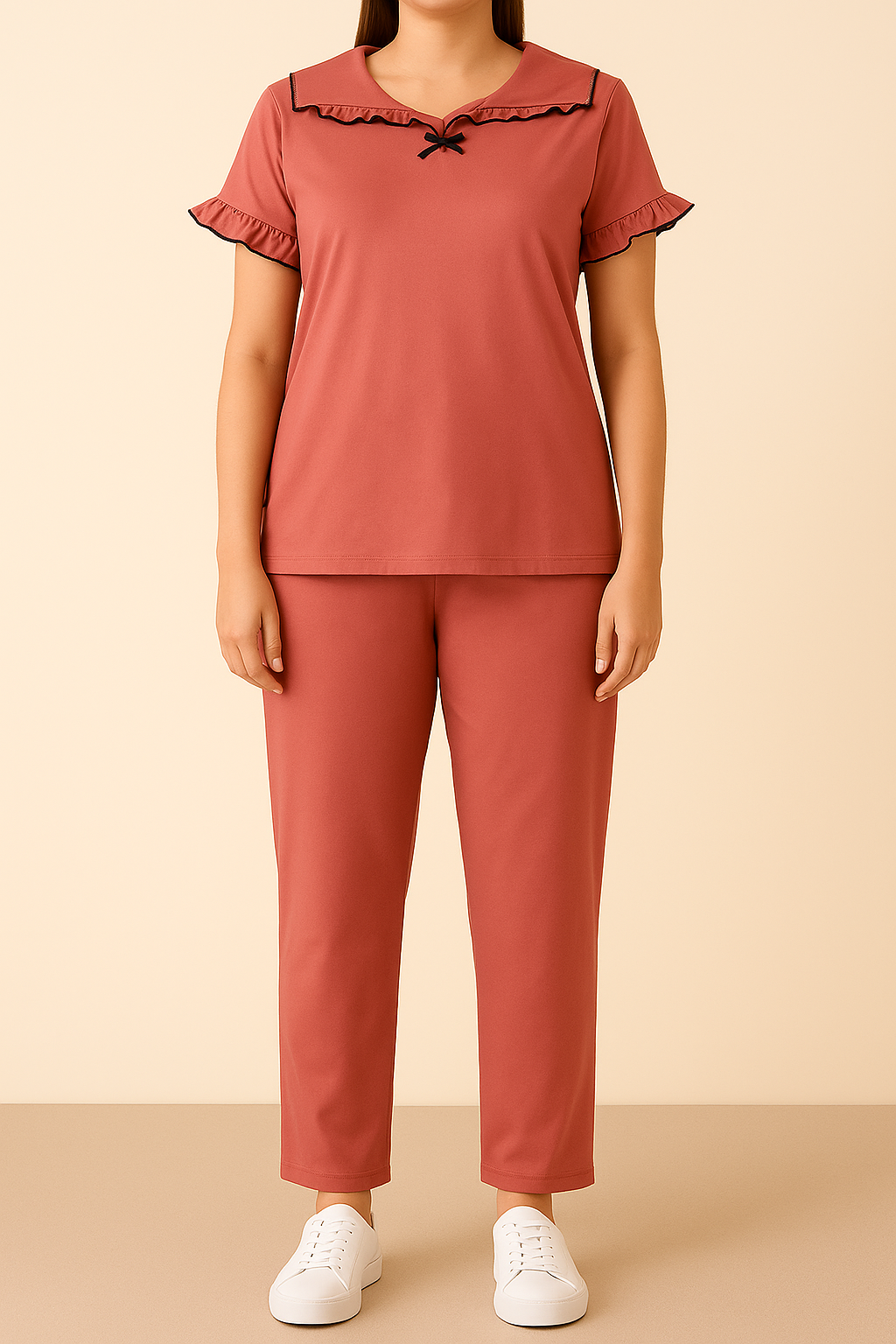 Women’s 2-Piece Co-ord Cotton Nightwear Set – Ruffled Top & Pajama in Rust Pink - House of Shreenaa