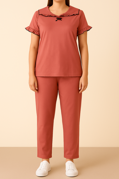 Women’s 2-Piece Co-ord Cotton Nightwear Set – Ruffled Top & Pajama in Rust Pink - House of Shreenaa