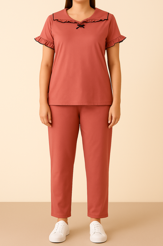 Women’s 2-Piece Co-ord Cotton Nightwear Set – Ruffled Top & Pajama in Rust Pink - House of Shreenaa