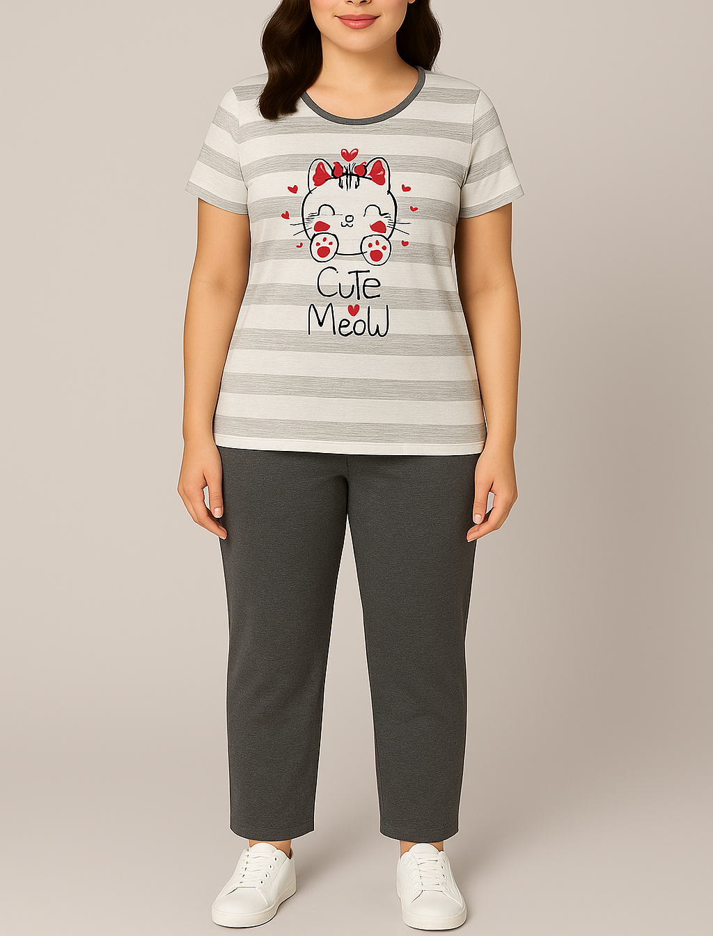 “Cutie Meow” Striped Pyjama Set – Adorable Comfort for Girls