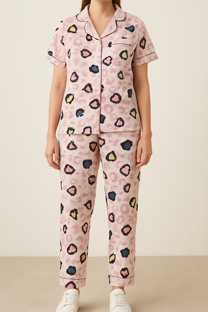 Soft Pink Heart-Print Co-ord Pyjama Set for Women – Short Sleeve Top & Full-Length Bottom