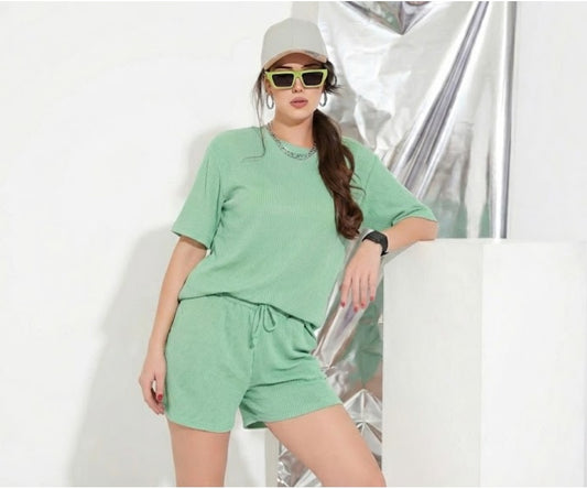 Textured T-Shirt & Shorts Set – Stylish Comfort for Girls in Peach, Green and Black | Comfortable Women's Clothing UAE | House of Shreenaa
