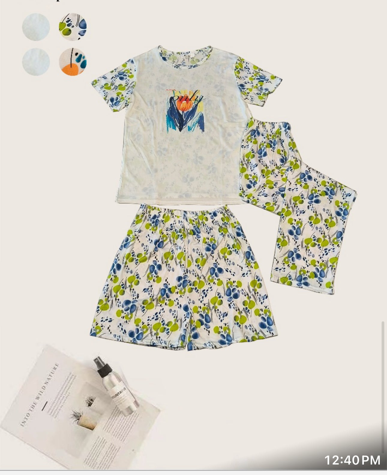 3-Piece Floral Cotton Nightwear Set – T-Shirt, Pyjama & Shorts