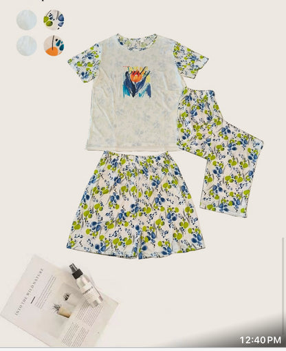 3-Piece Floral Cotton Nightwear Set – T-Shirt, Pyjama & Shorts