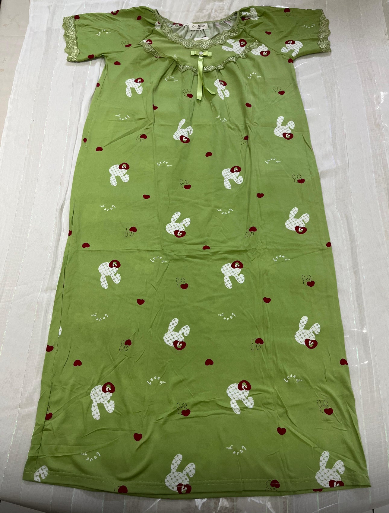 Women’s Full-Length Cotton Nighty – Green Printed Sleep Gown with Lace & Bow Detail - House of Shreenaa