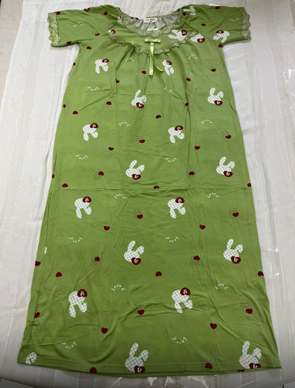Women’s Full-Length Cotton Nighty – Green Printed Sleep Gown with Lace & Bow Detail - House of Shreenaa