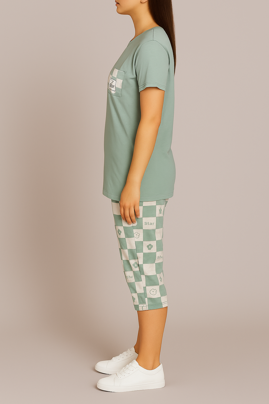 Sage Green Checkered Capri Nightwear Set – 2-Piece Cotton Loungewear - House of Shreenaa
