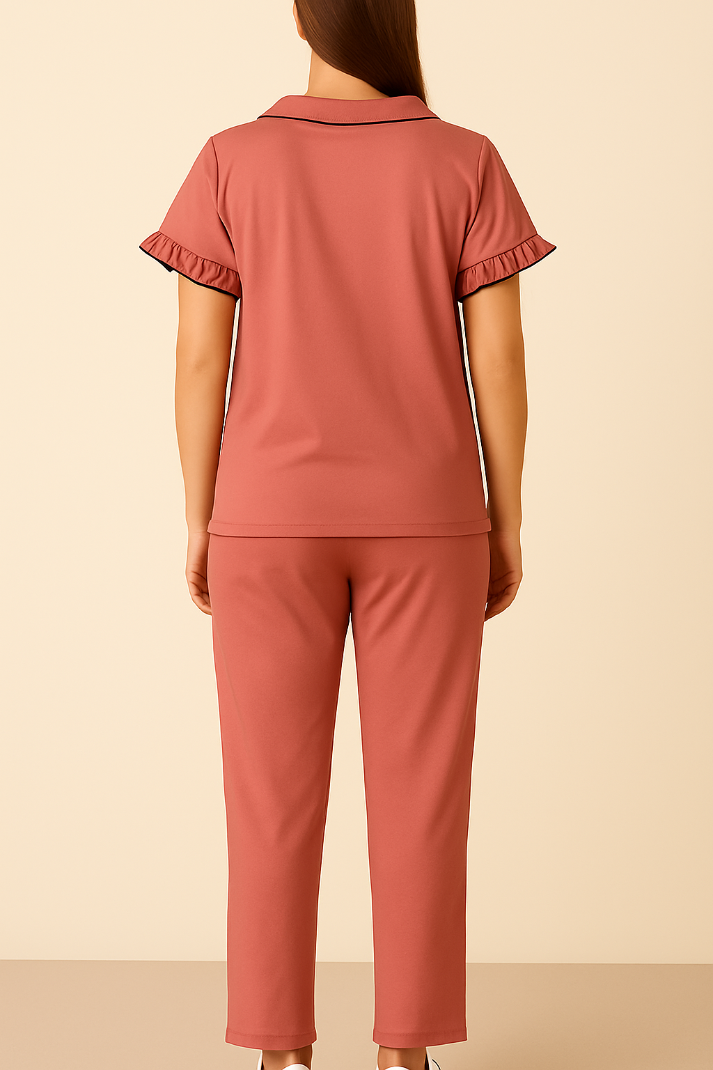 Women’s 2-Piece Co-ord Cotton Nightwear Set – Ruffled Top & Pajama in Rust Pink - House of Shreenaa