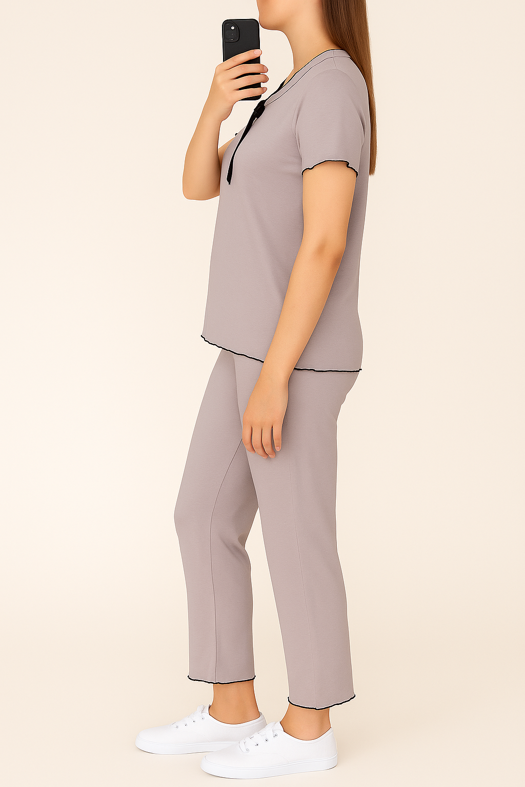 Elegant Women’s Co-ord Set with Ruffle Neck and Black Piping – Soft Nightwear (Copy) - House of Shreenaa