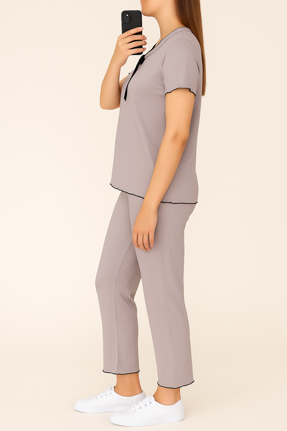 Elegant Women’s Co-ord Set with Ruffle Neck and Black Piping – Soft Nightwear (Copy) - House of Shreenaa