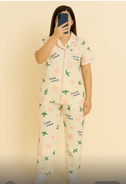 Teenagers girls Cream Floral Printed Night Suit and Co-ord Set – 2 Piece Set