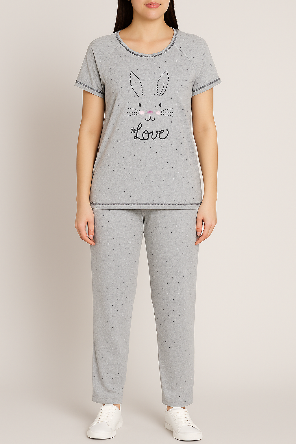 Light Grey Bunny Print 2-Piece Night Suit for Women