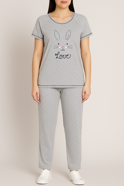 Light Grey Bunny Print 2-Piece Night Suit for Women