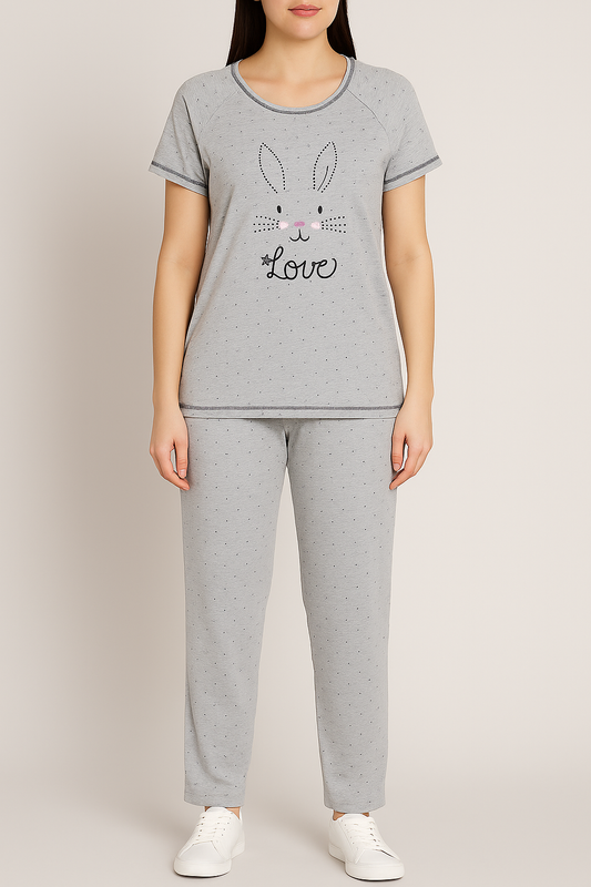 Light Grey Bunny Print 2-Piece Night Suit for Women