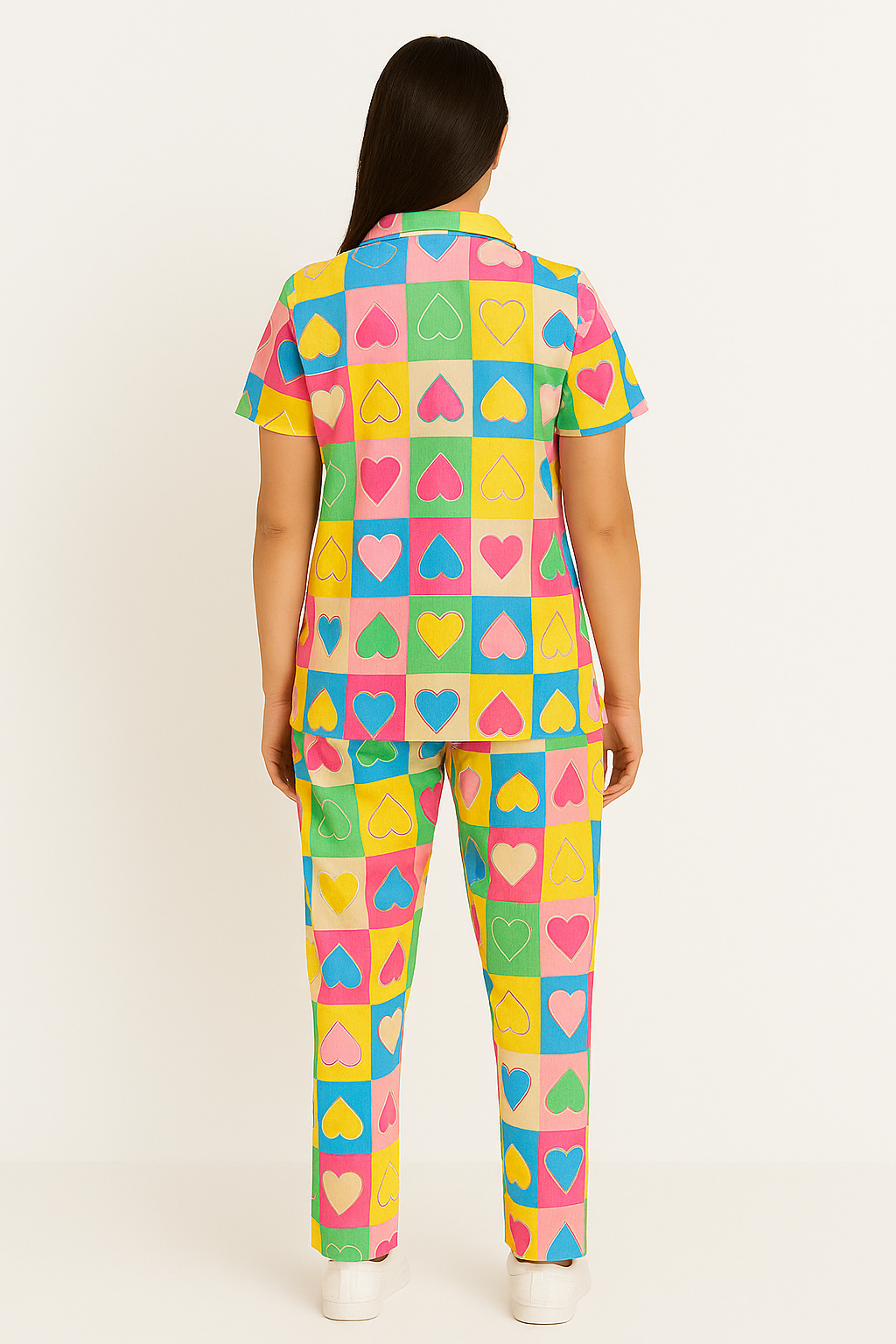 Colorful Heart-Print Two-Piece Set with Button-Down Shirt and Pajama for Teenage Girls