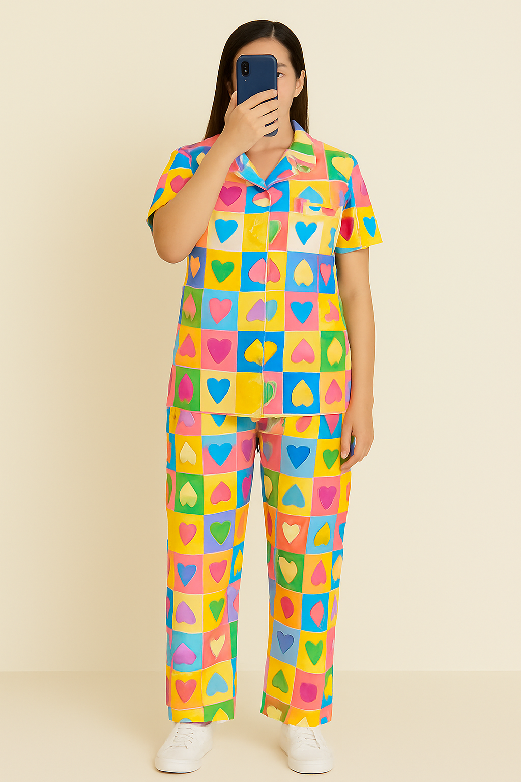 Colorful Heart-Print Two-Piece Set with Button-Down Shirt and Pajama for Teenage Girls