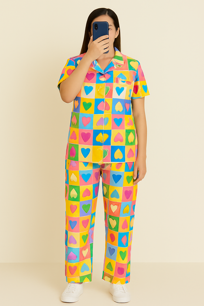 Colorful Heart-Print Two-Piece Set with Button-Down Shirt and Pajama for Teenage Girls