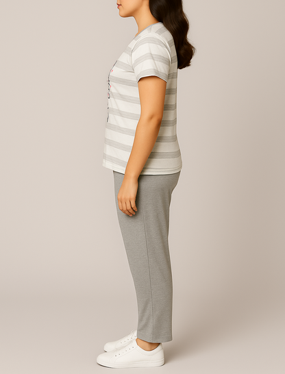 “Cutie Meow” Striped Pyjama Set – Adorable Comfort for Girls