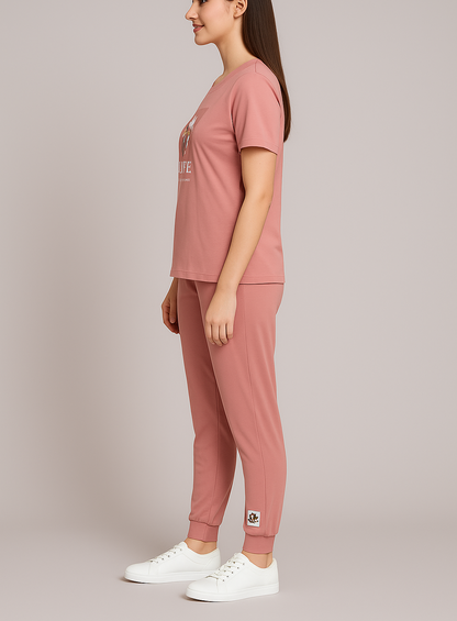Floral Graphic Cotton Pyjama Set – Soft Comfort with a Touch of Love for Women