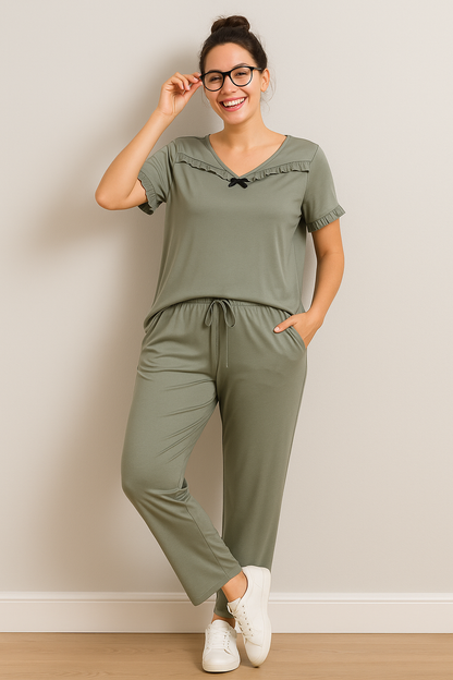 Women's Ruffle Trim Pyjama Set – Soft Touch Lounge Co-ord Set