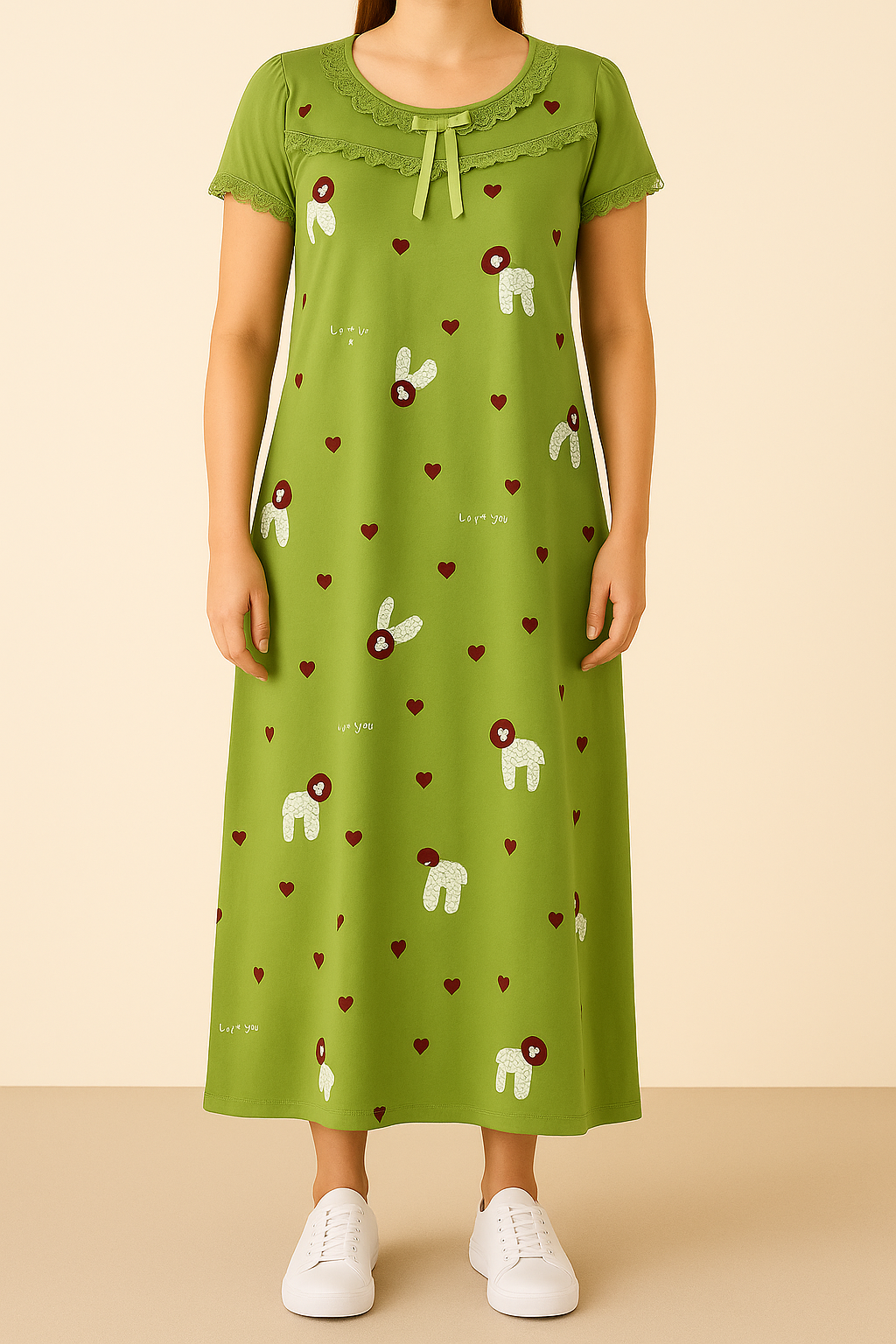 Women’s Full-Length Cotton Nighty – Green Printed Sleep Gown with Lace & Bow Detail - House of Shreenaa