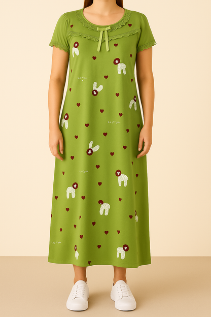 Women’s Full-Length Cotton Nighty – Green Printed Sleep Gown with Lace & Bow Detail - House of Shreenaa