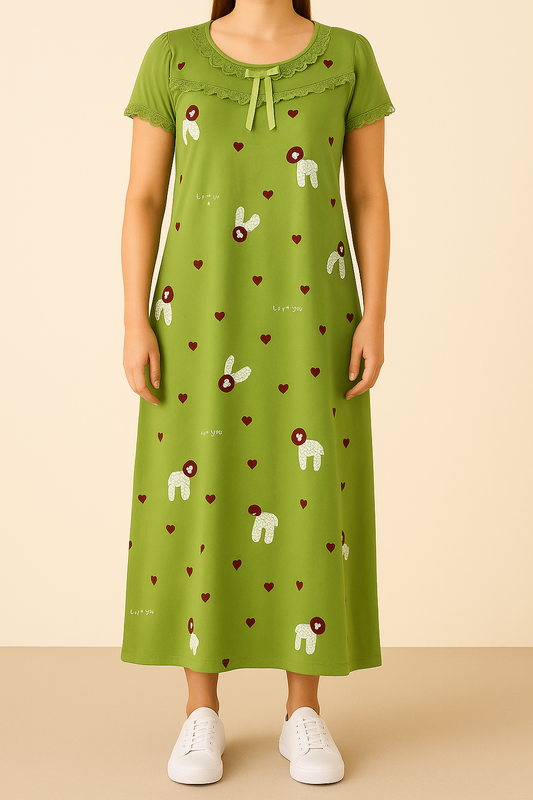 Women’s Full-Length Cotton Nighty – Green Printed Sleep Gown with Lace & Bow Detail - House of Shreenaa
