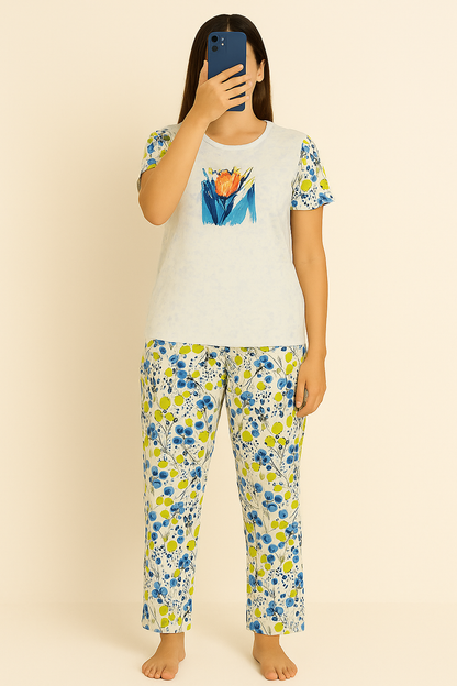 3-Piece Floral Cotton Nightwear Set – T-Shirt, Pyjama & Shorts