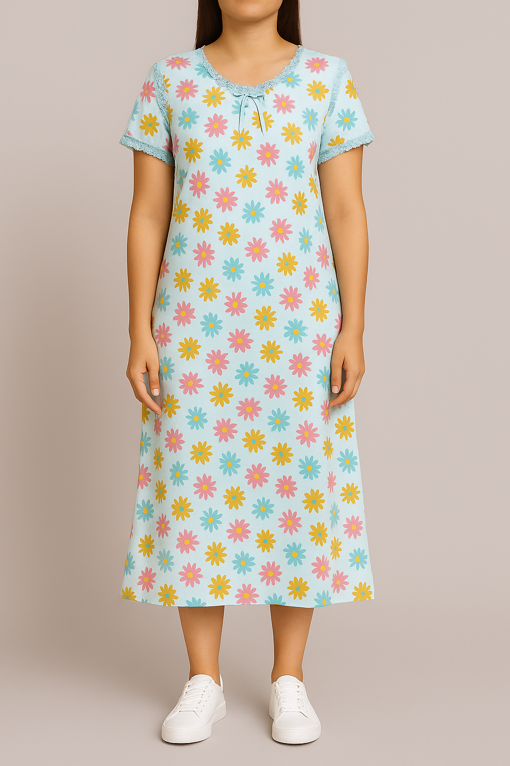 Floral Blue Cotton Night Gown with Cap Sleeves – Full Length Comfort Nightwear for Women - House of Shreenaa