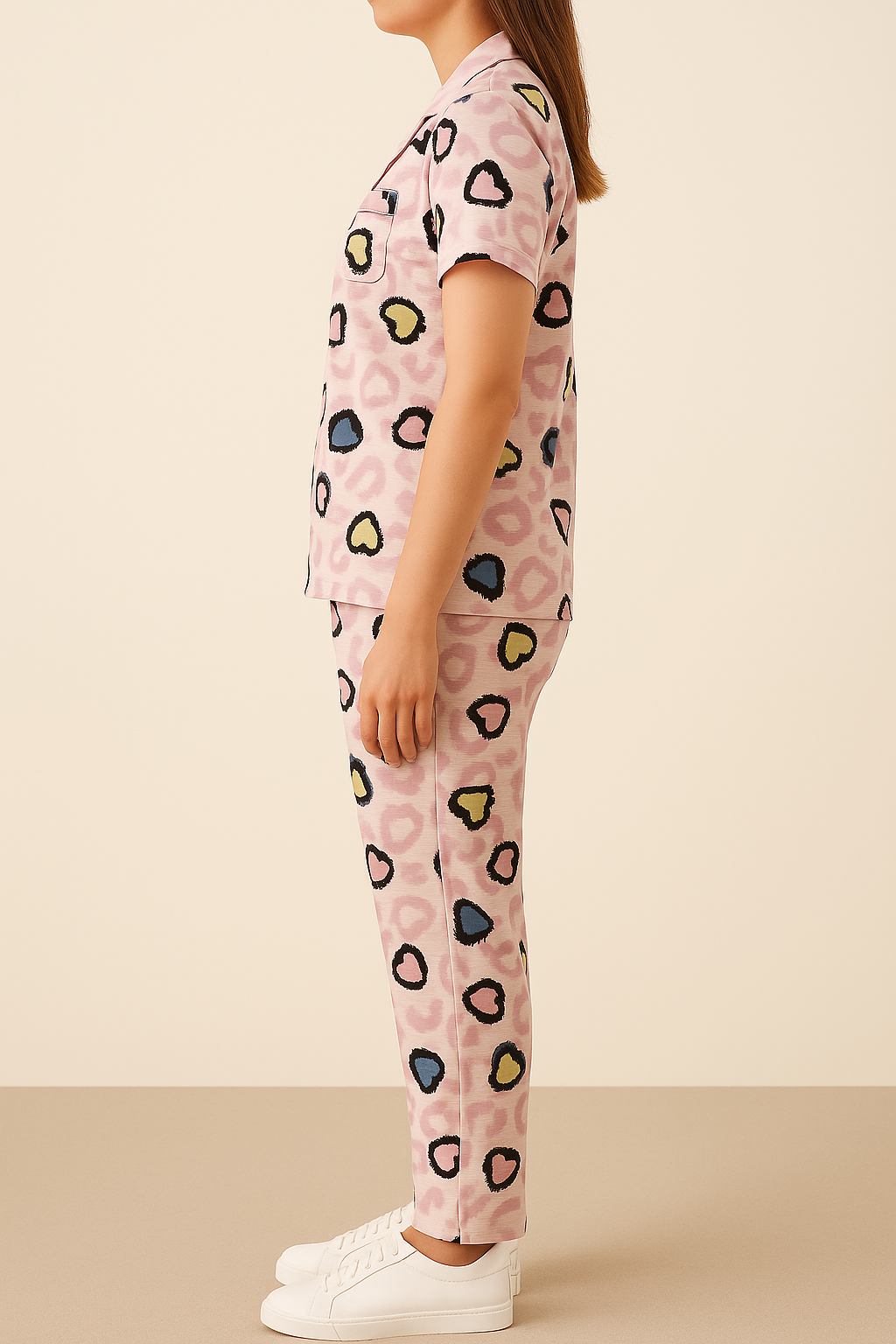 Soft Pink Heart-Print Co-ord Pyjama Set for Women – Short Sleeve Top & Full-Length Bottom