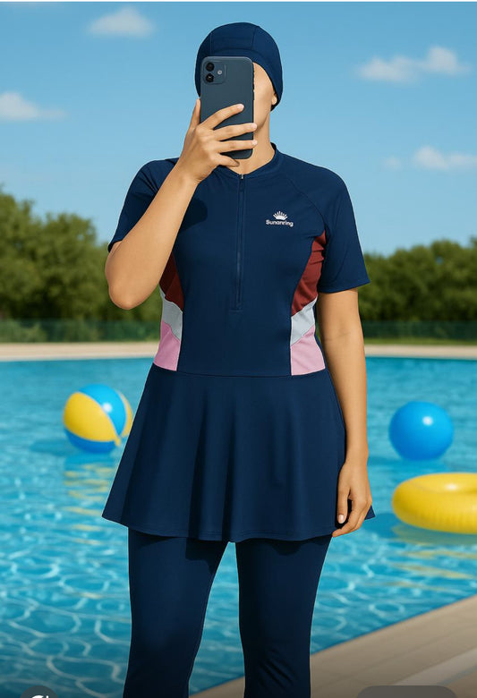 Modest Full-Coverage 3-Piece Swimming Costume with Cap for Women