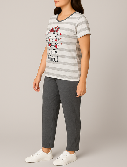 “Cutie Meow” Striped Pyjama Set – Adorable Comfort for Girls