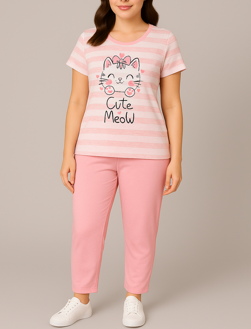 “Cutie Meow” Striped Pyjama Set – Adorable Comfort for Girls
