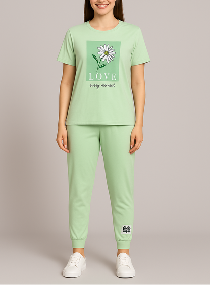 Floral Graphic Cotton Pyjama Set – Soft Comfort with a Touch of Love for Women