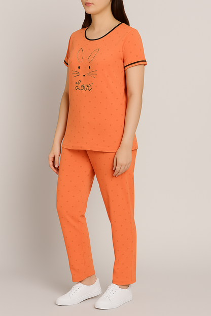 Orange Bunny Print 2-Piece Nightwear Set for Women”