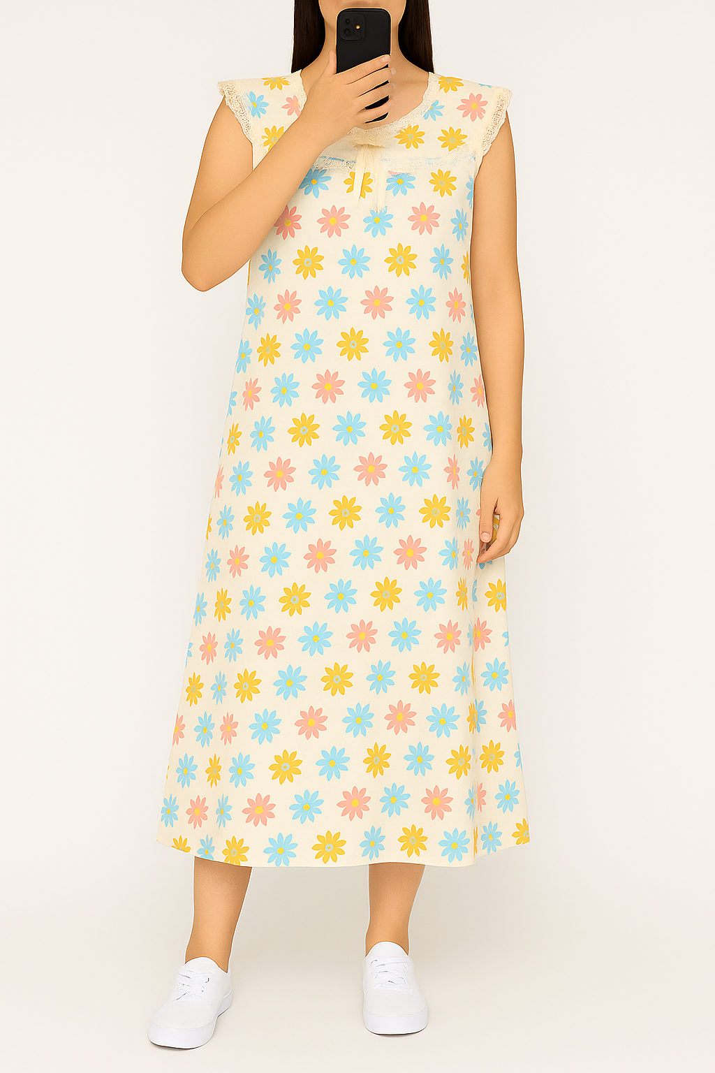 Floral Beige Cotton Night Gown with Cap Sleeves – Full Length Comfort Nightwear for Women