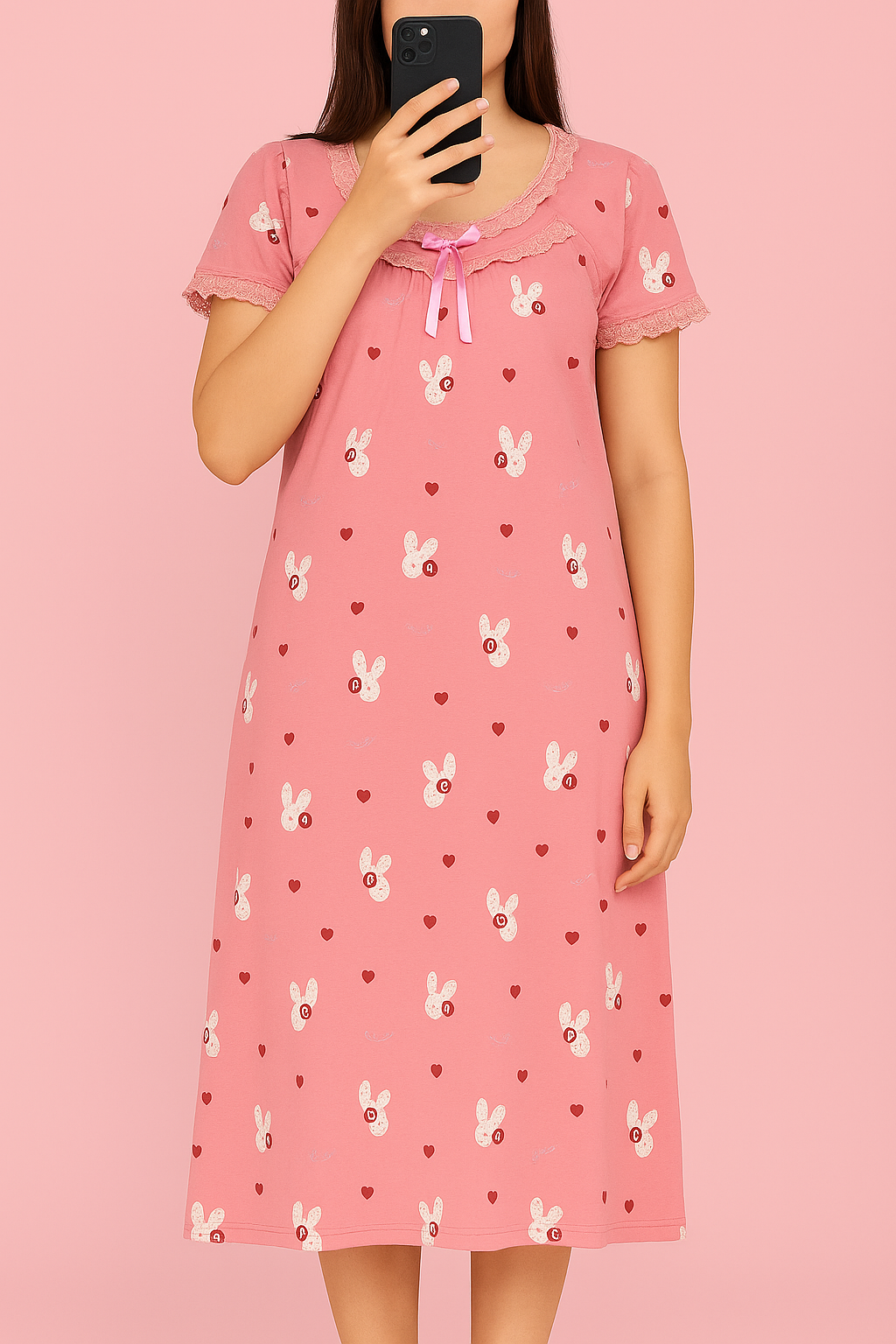 Pink Cotton Full-Length Nightgown with Lace Neckline – Soft & Comfortable Sleepwear