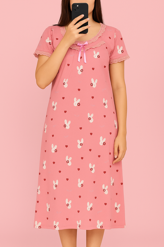 Pink Cotton Full-Length Nightgown with Lace Neckline – Soft & Comfortable Sleepwear