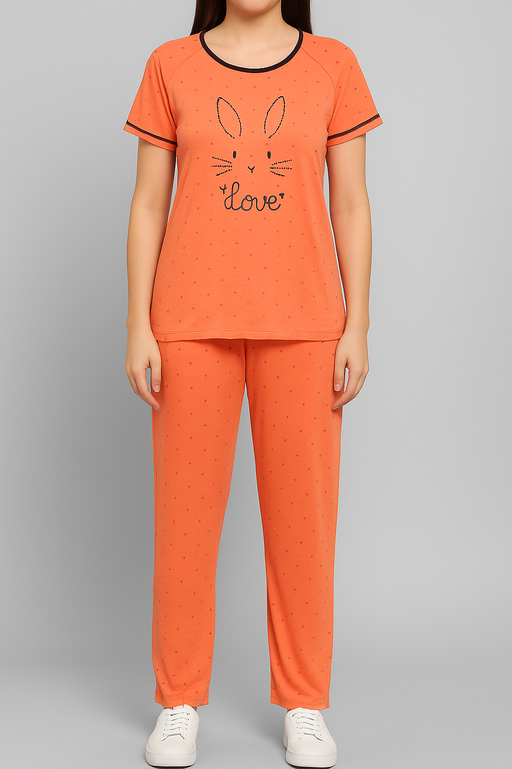 Orange Bunny Print 2-Piece Nightwear Set for Women”