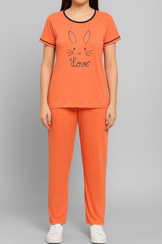 Orange Bunny Print 2-Piece Nightwear Set for Women”